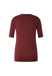 Short-sleeve, maroon top in soft fabric, features a round neckline and a back seam detail, with rolled cuffs and a straight hemline.