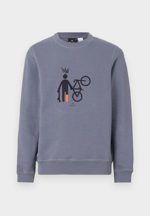 Gray sweatshirt featuring a graphic design of a person holding a bicycle and skateboard, with orange accents on the figure's leg.