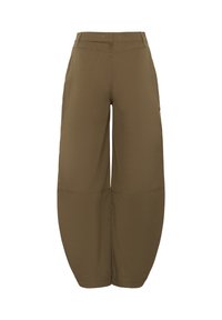 Barna, bő szárú, rövidített nadrág magas derékkal és látható varrási részletekkel a háton és az alsó lábszár részen.