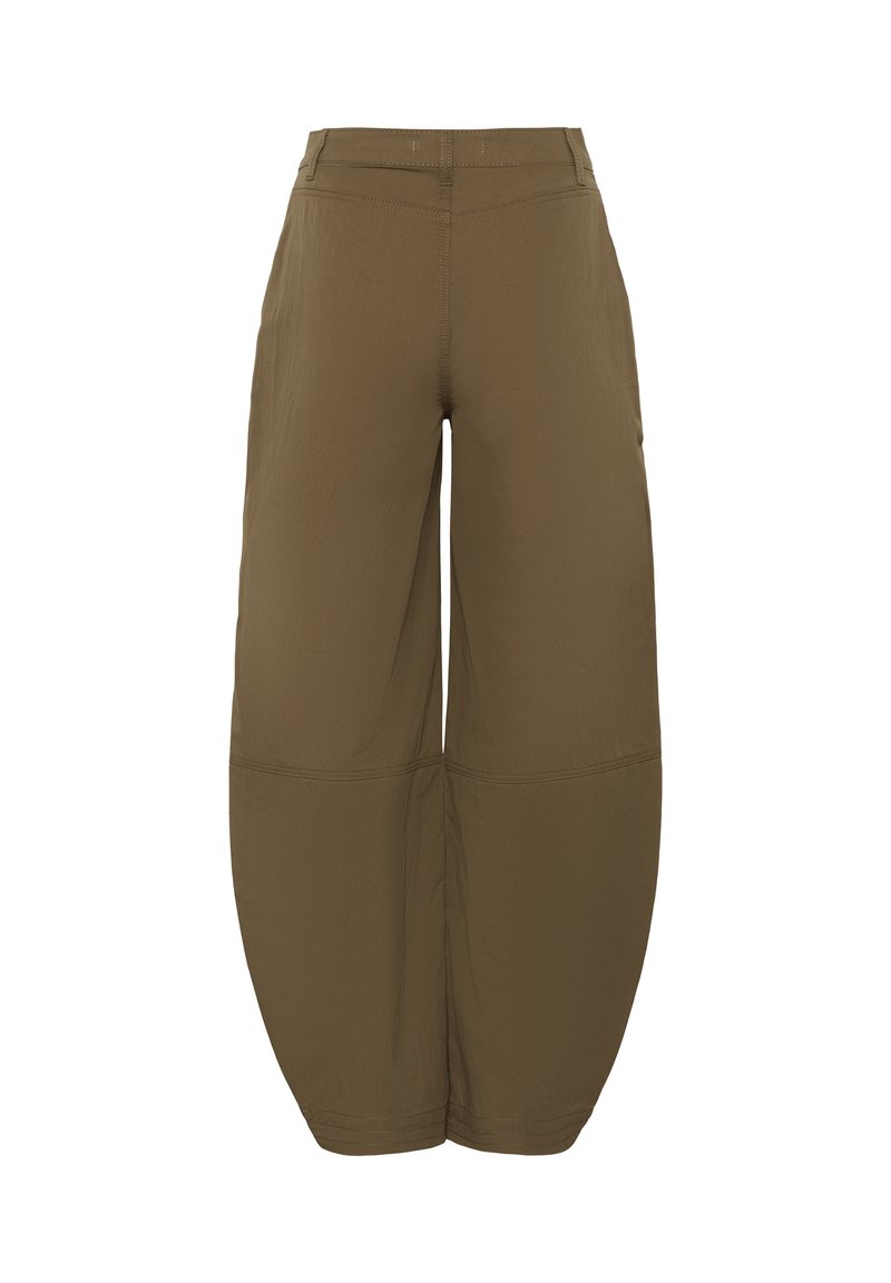 Bruine wijde cropped broek met hoge taille en zichtbare naaddetails over de achterkant en onderbenen.