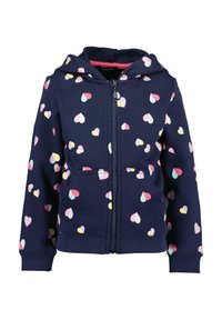 Navy blue zip-up hoodie featuring a heart pattern in pastel colors. Made from soft fabric with a kangaroo pocket and ribbed cuffs.