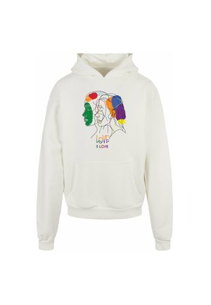 Weißer Hoodie aus weichem Stoff mit einem mehrfarbigen Linienstil-Design von drei Profilen und dem Text "LIEBE IST LIEBE" darunter.