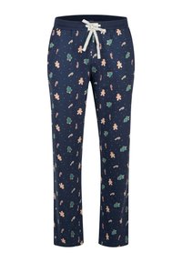 Pantalons de pyjama bleu marine en tissu doux avec un cordon de serrage. Ornés de bonhommes en pain d'épice, de cannes en sucre d'orge et de sapins de Noël.