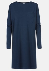 Mekko, jossa on pitkä hiha ja tummansininen väri, valmistettu pehmeästä kankaasta. Mekossa on pyöreä pääntie ja vasemmassa rintakohdassa etutasku.