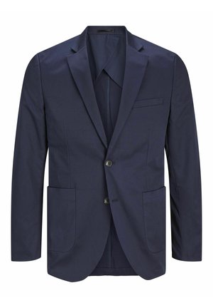 Navy blazer met een twee-knopen voorkant, met notch revers, twee voorzakken en een borstzak. Gladde stof met een gestructureerde pasvorm.