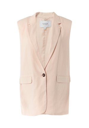 Blazer senza maniche di colore rosa chiaro con rever a punta, chiusura con un bottone, due tasche frontali e una morbida texture del tessuto. Interno foderato.