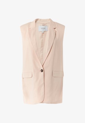 Light pink sleeveless blazer with notched lapels, single button closure, two front pockets, and soft fabric texture. Lined interior.