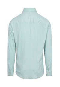 Mintgroene langemouwen shirt van textuurstof met een kraag, knopenmanchetten en gestikte details op de achterkant.