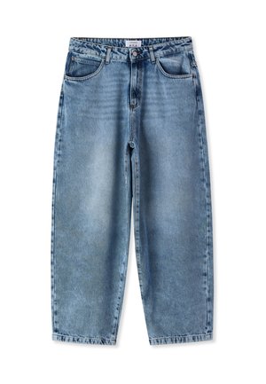 Jeans azzurri chiari a vita alta con gambe dritte, tasche frontali e chiusura con bottone, con dettagli sbiaditi sulle cosce e sulle cuciture.