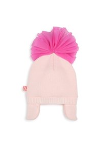 Chapeau en tricot rose avec rabats pour les oreilles, orné d'un grand nœud en tulle rose sur le dessus. Tissu texturé avec un ourlet côtelé.