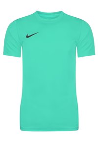 Jasnoturkusowa koszulka sportowa z krótkim rękawem, wykonana z gładkiego materiału. Posiada czarne logo Nike na górnej lewej części klatki piersiowej.