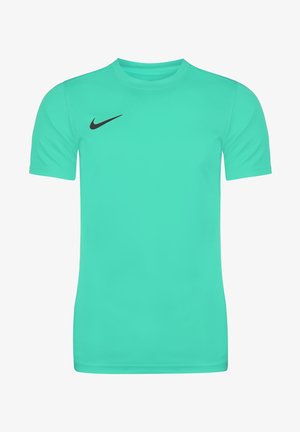 Vaaleansininen lyhythihainen urheilupaita, joka on valmistettu sileästä kankaasta. Paidassa on musta Nike-logo vasemmassa ylärintalastassa.