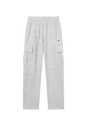 Pantaloni cargo grigio chiaro realizzati in morbido misto cotone. Presentano una coulisse elastica in vita, tasche laterali e una toppa con logo sulla parte superiore della gamba.