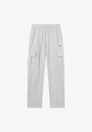 Pantaloni cargo grigio chiaro realizzati in morbido misto cotone. Presentano una coulisse elastica in vita, tasche laterali e una toppa con logo sulla parte superiore della gamba.