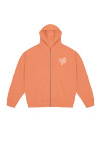Oransje hettegenser med glidelås, frontlomme, snøring på hetten og liten hvit logo på brystet. Myk stoffkvalitet, avslappet passform.