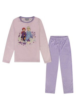 Lila Schlafanzug-Set mit einem langärmligen Oberteil, das mit Cartoon-Charakteren und floralen Designs verziert ist, kombiniert mit einfarbigen helllila Hosen. Weicher Stoff.