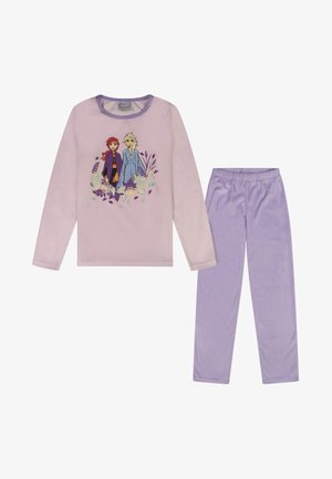 Conjunto de pijama lila que incluye una camiseta de manga larga con personajes de dibujos animados y diseños florales, acompañada de pantalones lisos de color púrpura claro. Tela suave.