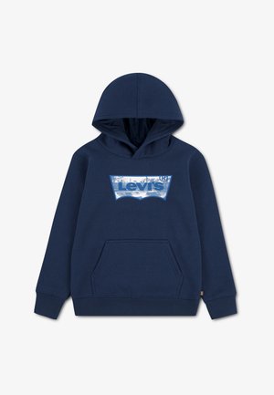 Granatowa bluza z kapturem Levi’s z przednią kieszenią kangurką i kapturem, z jasnoniebieskim logo Levi’s na klatce piersiowej.