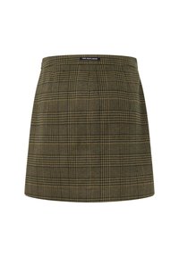 Zelena karirana krila s prilegajočim pasom, gladko teksturo, kratko dolžino in oznako na vrhu, ki govori "Pepe Jeans London."