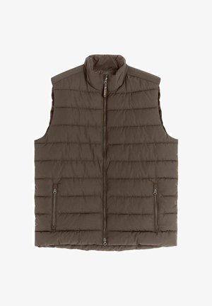 Bruine puffervest met verticale stiksels, hoge kraag en ritssluitingen aan de voorkant. Voorzien van twee zijzakken met rits. Soepele, lichte stof.