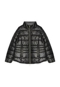 Svart dunjacka med glänsande yta, med hög krage, vertikal sömnad och två sidofickor med dragkedja. Fullständig frontdragkedja.