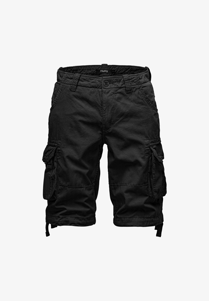 Schwarze Cargo-Shorts aus leichtem Stoff, ausgestattet mit mehreren Seitentaschen, einem verstellbaren Kordelzug am Saum und einer lockeren Passform.