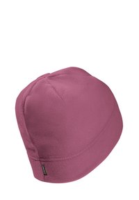 Fleece beanie in roze met een ronde vorm, gladde textuur en naaddetails. Beschikt over een klein zwart label aan de zijkant.