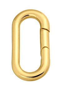 Mosquetón ovalado de metal dorado con una superficie lisa y brillante y una bisagra central. El diseño es minimalista, sin patrones ni acentos adicionales.