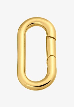 Mosquetón ovalado de metal dorado con una superficie lisa y brillante y una bisagra central. El diseño es minimalista, sin patrones ni acentos adicionales.