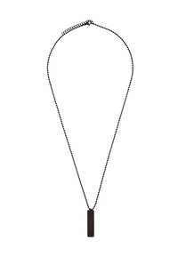 Collier en chaîne de perles noires avec un pendentif rectangulaire, présentant une texture lisse, un design minimaliste et un fermoir ajustable.