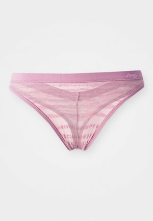 Lace bikini underwear in gradient shades of pink, featuring a soft, thin waistband and a smooth, sheer texture with subtle stripes.