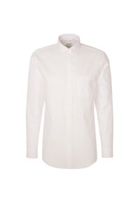 Camicia bianca a maniche lunghe in cotone, con colletto a punta, tasca frontale e pattina con bottoni. Texture liscia e design classico.