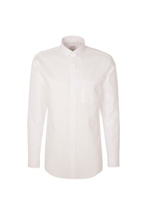 Witte lange mouwen shirt van katoen, met een button-down kraag, een voorkeurszak en knoopsluiting. Gladde textuur en klassiek ontwerp.