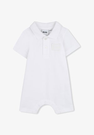 Witte polo-rompertje van gestructureerde stof. Heeft een kraag, twee knopen en een zacht, reliëf logo op de borst. Korte mouwen en pijpopeningen.