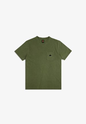 T-shirt in cotone verde oliva con collo rotondo, maniche corte e taschino sul petto con un logo di elefante nero.