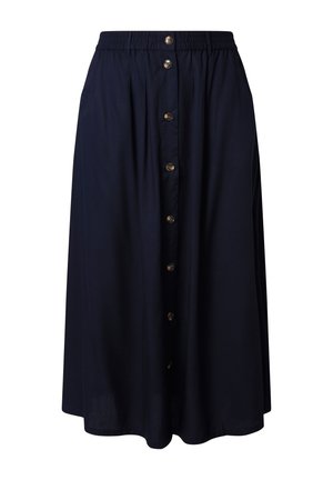 Falda midi azul marino con cierre de botones delanteros, cintura elástica y suaves pliegues para un ajuste casual y cómodo.