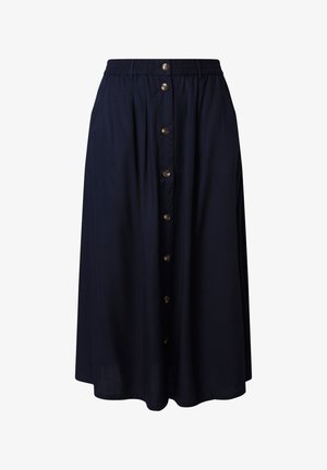 Marineblauer Midirock mit Knopfleiste vorne, elastischem Taillenbund und weichen Falten für einen lässigen, bequemen Sitz.