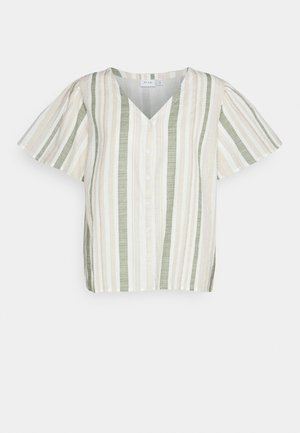 Koszula z krótkim rękawem zapinana na guziki z pionowymi beżowymi, białymi i zielonymi paskami, dekoltem w kształcie litery V i lekkim materiałem.