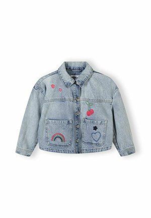 Jasnoniebieska kurtka dżinsowa na guziki z dwoma przednimi kieszeniami, haftowanymi wzorami wiśni, tęczy, serca i małej gwiazdki.