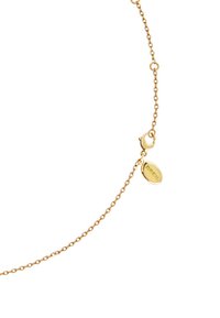 Zlatý náhrdelník s jemným designem řetízku, který obsahuje karabinku a oválnou značku s názvem značky "Breil."