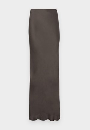 Brauner Satin-Boden langer Rock mit einer figurschmeichelnden Silhouette und glatter Textur. Besitzt einen subtilen Glanz und keine sichtbaren Muster oder Verzierungen.