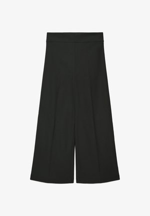 Pantaloni neri a gamba larga, taglio corto, con vita alta e dettagli a cucitura frontale, mostrati stesi su uno sfondo bianco.