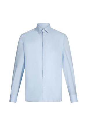 Camicia azzurra a maniche lunghe con bottoni, realizzata in tessuto liscio. Presenta un colletto classico e maniche con polsini e chiusure a bottone.
