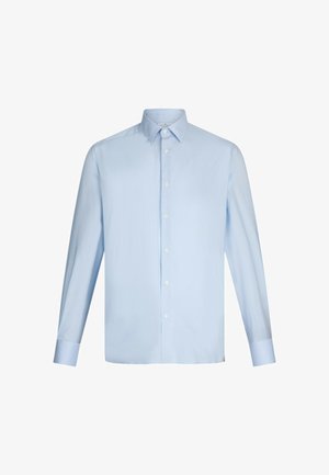 Camicia azzurra a maniche lunghe con bottoni, realizzata in tessuto liscio. Presenta un colletto classico e maniche con polsini e chiusure a bottone.