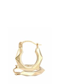 Orecchino a cerchio in oro con un design geometrico, caratterizzato da una finitura lucida. La forma è angolare, con una chiusura unica e un retro piatto.