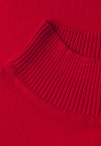 Roter Strickpullover mit einem gerippten, hohen Ausschnitt und einer glatten Textur. Der Stoff ist weich und dehnbar und hat eine einfarbige Gestaltung.