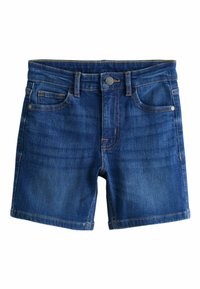 Donkerblauwe denim short met een rechte snit, vijf zakken, knoopsluiting en contrasterende stikdetails langs de naden.
