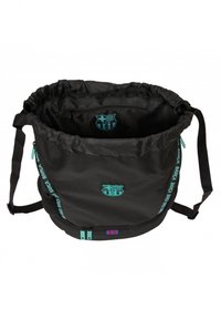 Sac à cordon noir en matériau durable, avec des accents turquoise, plusieurs logos du FC Barcelone et un compartiment zippé.