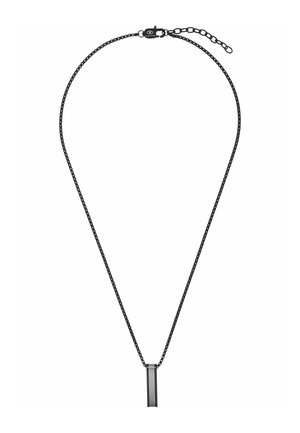 Schwarze Metallkette mit rechteckigem schwarz-silbernem Anhänger und verstellbarem Verschluss.