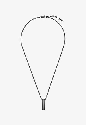 Collar de cadena de metal negro con un colgante rectangular negro y plateado y cierre ajustable.